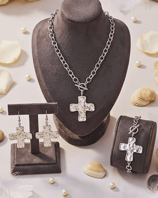 Faith Silver Hammered Cross Chunky Necklace, Bracelet, Earring Set-W