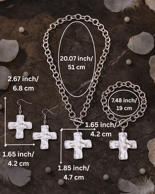 Faith Silver Hammered Cross Chunky Necklace, Bracelet, Earring Set-W
