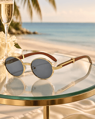 Summer Circle Gold Frame Black Lens Wooden Temple Sunglass-W