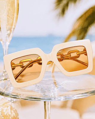 Summer Rectangle Off-White Frame Peach Lens Link Temple Sunglass-W