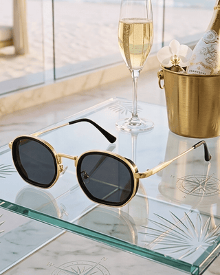 Summer Hexagon Gold Frame & Temple Black Lens Sunglass-W