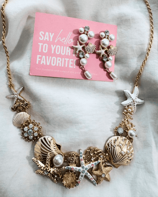 Boho Seashell Pearl Earring and Necklace Set-W