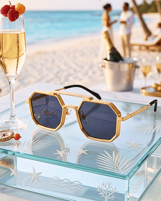 Summer Octagon Gold Frame & Temple Blue Lens Sunglass-W