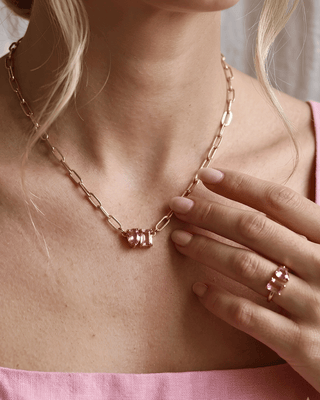 Pink Irregular Zircon 18K Gold Adjustable Necklace & Ring Set-W