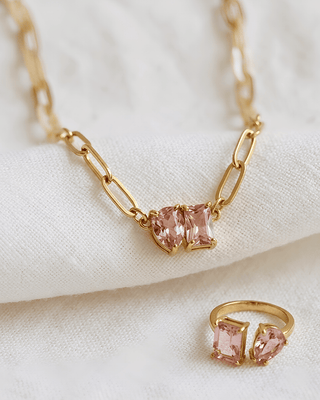 Pink Irregular Zircon 18K Gold Adjustable Necklace & Ring Set-W