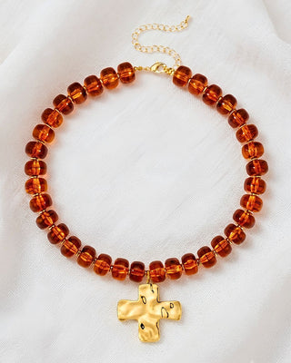Faith Chunky Cross Amber Bead Necklace-W