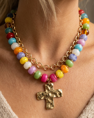 Pre-Order Multicolor Double Stack Necklace with a Cross-W