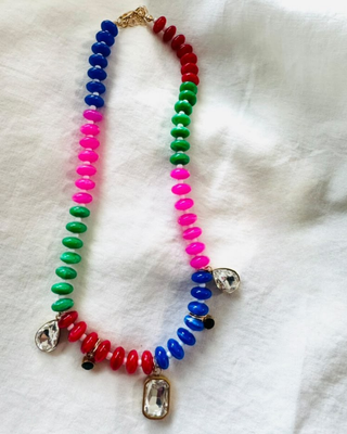 Multicolor Beaded Rhinestone Charm Statement Necklace-W