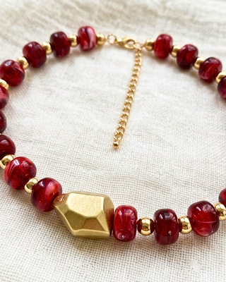 Fall Chunky Beaded Wine Red & Gold Statement Necklace-W