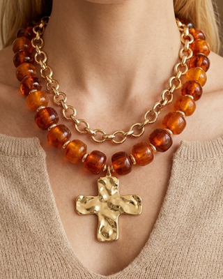 Pre-Order Amber-Tone Double Stack Necklace with a Cross- W