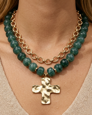 Pre-Order Green Double Stack Necklace with a Cross-W