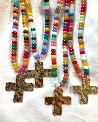 Pre-Order Faith Chunky Cross Colorful Natural Stone Bead Necklace-W