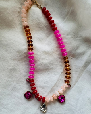 Multicolor Beaded Rhinestone Charm Statement Necklace-W