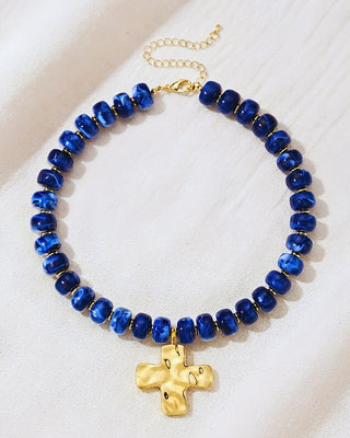 Faith Chunky Cross Navy Blue Bead Necklace-W
