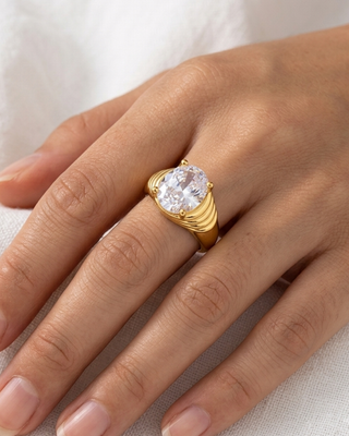 Big Zircon Gold Adjustable Cuff Ring-W