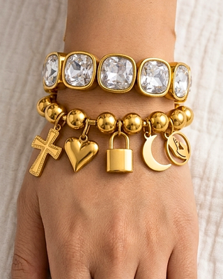 Big White Crystal & Charm Bead Bracelets-W