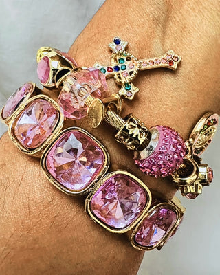 Pink Big Crystal & Faith Cross Charm Statement Bracelets-W