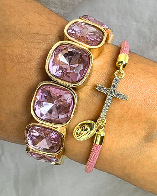 Pink Big Crystal & Faith Cross Cord Rope Bracelets-W