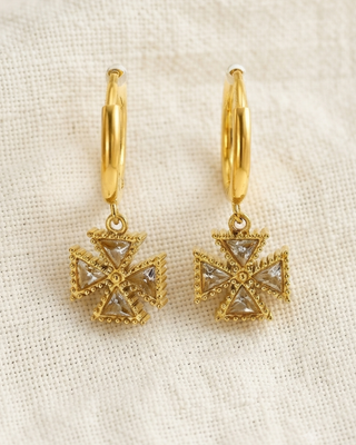 Zircon Flower Cut Gold Hoop Dangle Earring-W