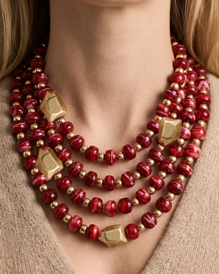 Fall Chunky Beaded Wine Red & Gold Statement Necklace-W