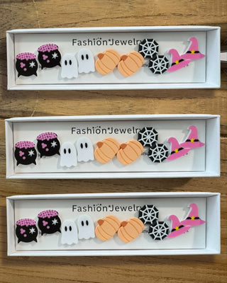 Pink Cauldron & Pumpkin Box Stud Earring Set-W