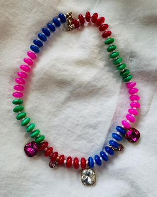 Multicolor Beaded Rhinestone Charm Statement Necklace-W