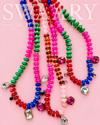 Multicolor Beaded Rhinestone Charm Statement Necklace-W