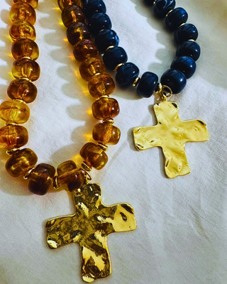 Faith Chunky Cross Navy Blue Bead Necklace-W