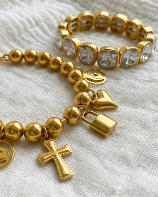 Big White Crystal & Charm Bead Bracelets-W