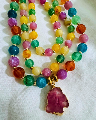 Fall Multicolor Beaded 3-Layer Necklace with Agate Pendant-W