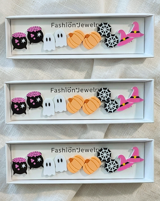 Pink Cauldron & Pumpkin Box Stud Earring Set-W