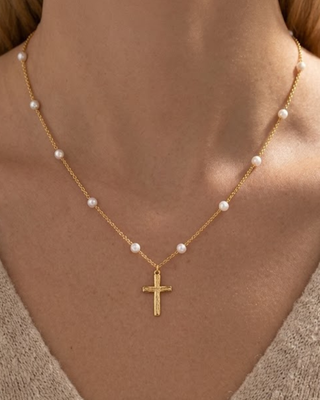 Faith Pearl Cross Minimalist Necklace-W