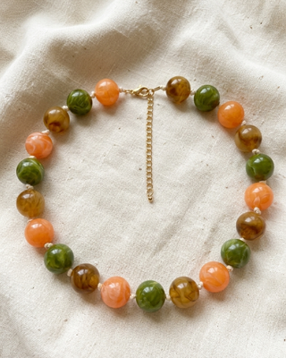 Fall Colorful Round Bead Choker Necklaces Marble Pattern-W