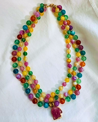 Fall Multicolor Beaded 3-Layer Necklace with Agate Pendant-W
