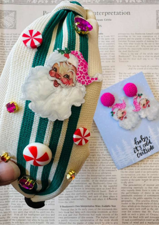 Christmas Santa on Green-White Striped Headband with Earring-W
