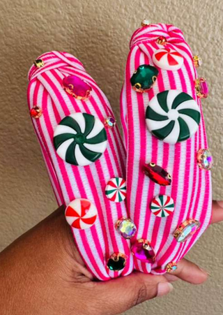 Handmade Christmas Candy on a Pink-White Stripe Headband-W