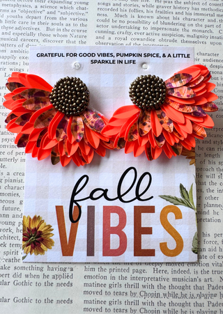 Fall Half Flower Red and Orange Beaded Earring - W