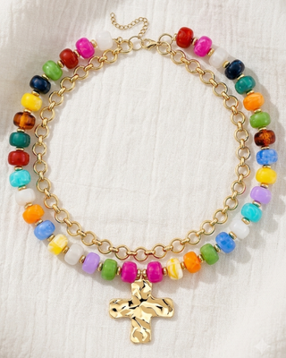 Pre-Order Multicolor Double Stack Necklace with a Cross-W