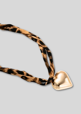 Leopard Print Double Layer Chunky Heart Gold Necklace & Earring Set-W