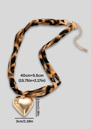Leopard Print Double Layer Chunky Heart Gold Necklace & Earring Set-W