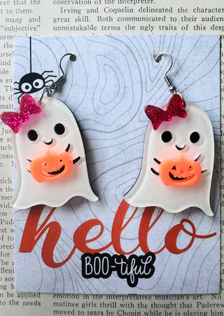 Pink Bow Ghost with a Little Pumpkin Earrings - W