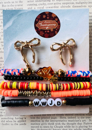 Fall Bow Stud with Colorful WWJD Cross & Bead Bracelet Set - W RTS