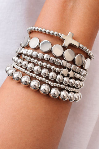 Faith Cross Beaded Silver Stack Bracelets(Stack of 7)-W