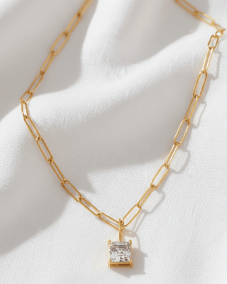 Pre-Order Zirconia Square Pendant Paperclip Gold Necklace-W