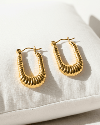 Gold Geometric Plated Ribbed Hoop Earrings-W RTS