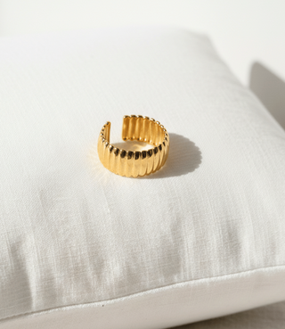 Gold Ribbed Pattern Adjustable Cuff Ring-W