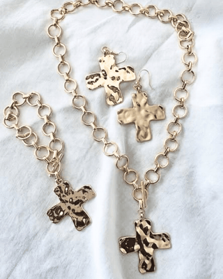 Pre-order Gold Hammered Cross Chunky Necklace Bracelet & Earring Set-W