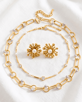 Zirconia Pearl & Gold Paperclip Chain Necklaces & Earring-W