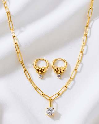 Zirconia Stone Gold Paperclip Necklace & Hoop Earring-W
