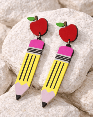 Teacher Apple With Pencil Dangle Acrylic Earring-W